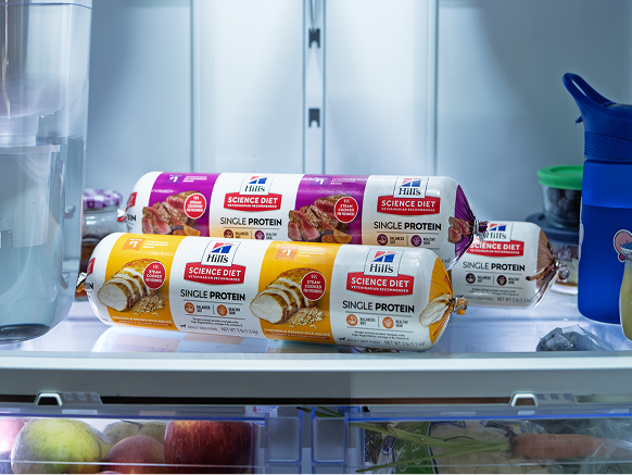 Two rolls of Hills’ Science Diet Single Protein rolls in a refrigerator