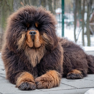 A dark brown Tibetan mastiff  lies on the sidewalk in a park