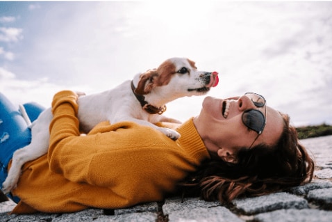 A woman laughs as a dog licks her face