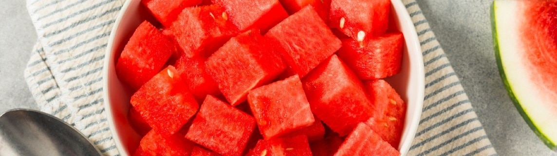 A bowl of cubed watermelon.