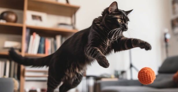Active black cat leaping mid-air to catch an orange toy ball in a living room