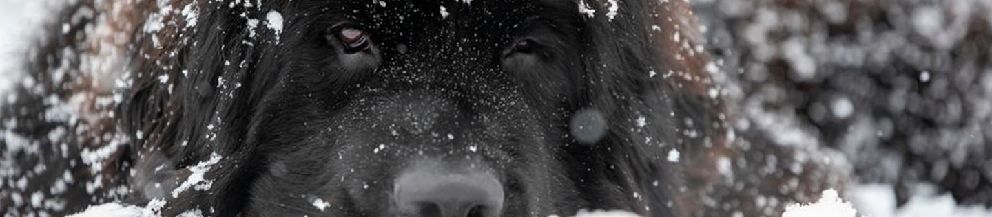 A Newfoundland dog lies in the snow.