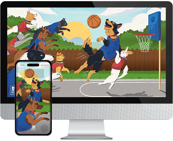 Desktop & mobile example of "Hoops & Hounds" pet wallpaper for phones