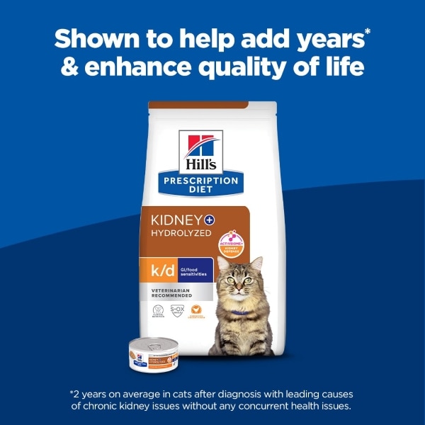 A bag and can of Hill's Prescription Diet Kidney + Hydrolyzed k/d cat food featuring a tabby cat. The headline reads, "Shown to help add years* & enhance quality of life."