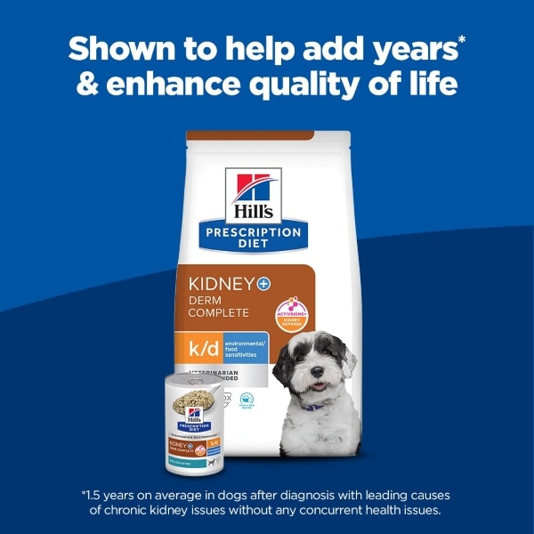 A bag and can of Hill's Prescription Diet Kidney + Derm Complete k/d dog food featuring a small black and white dog. The headline reads, "Shown to help add years* & enhance quality of life."