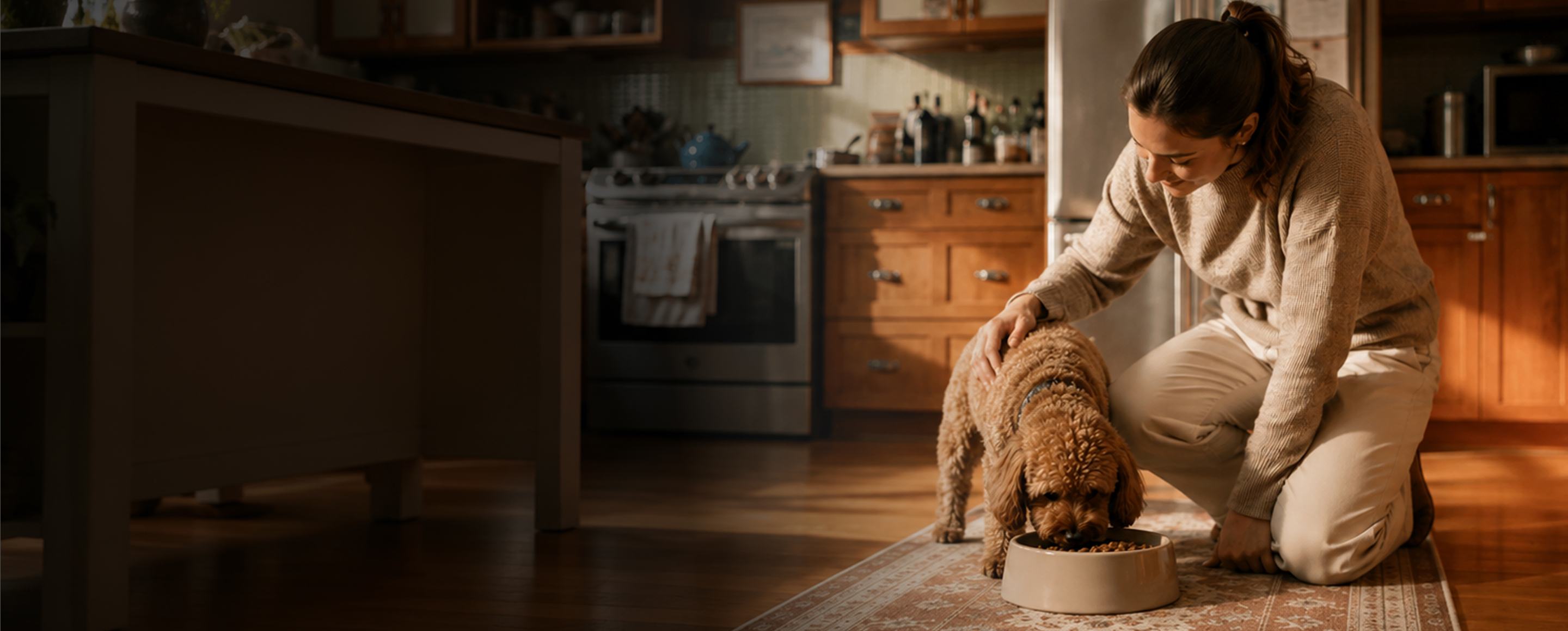 A woman gently petting her curly haired dog while it eats from a bowl on the kitchen floor