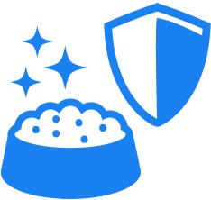 Pet food bowl with sparkles next to a shield