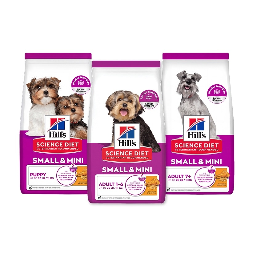 A set of three Hill's Science Diet Small & Mini dog food bags