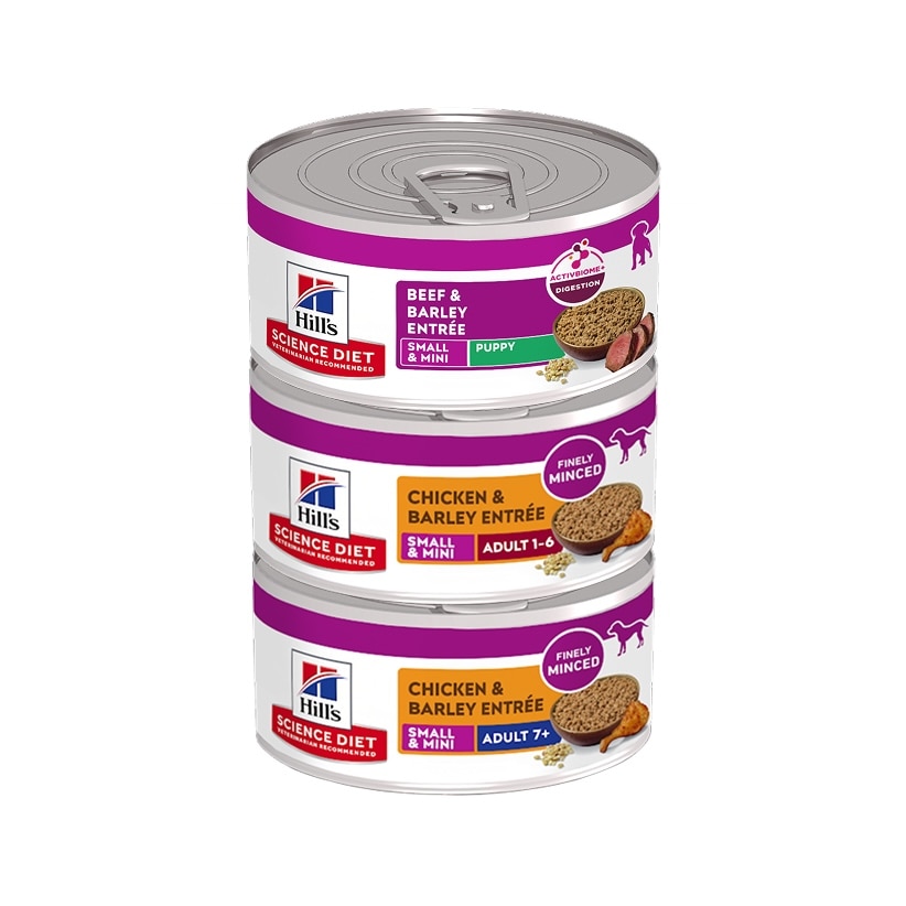 A set of three Hill's Science Diet Small & Mini wet food cans